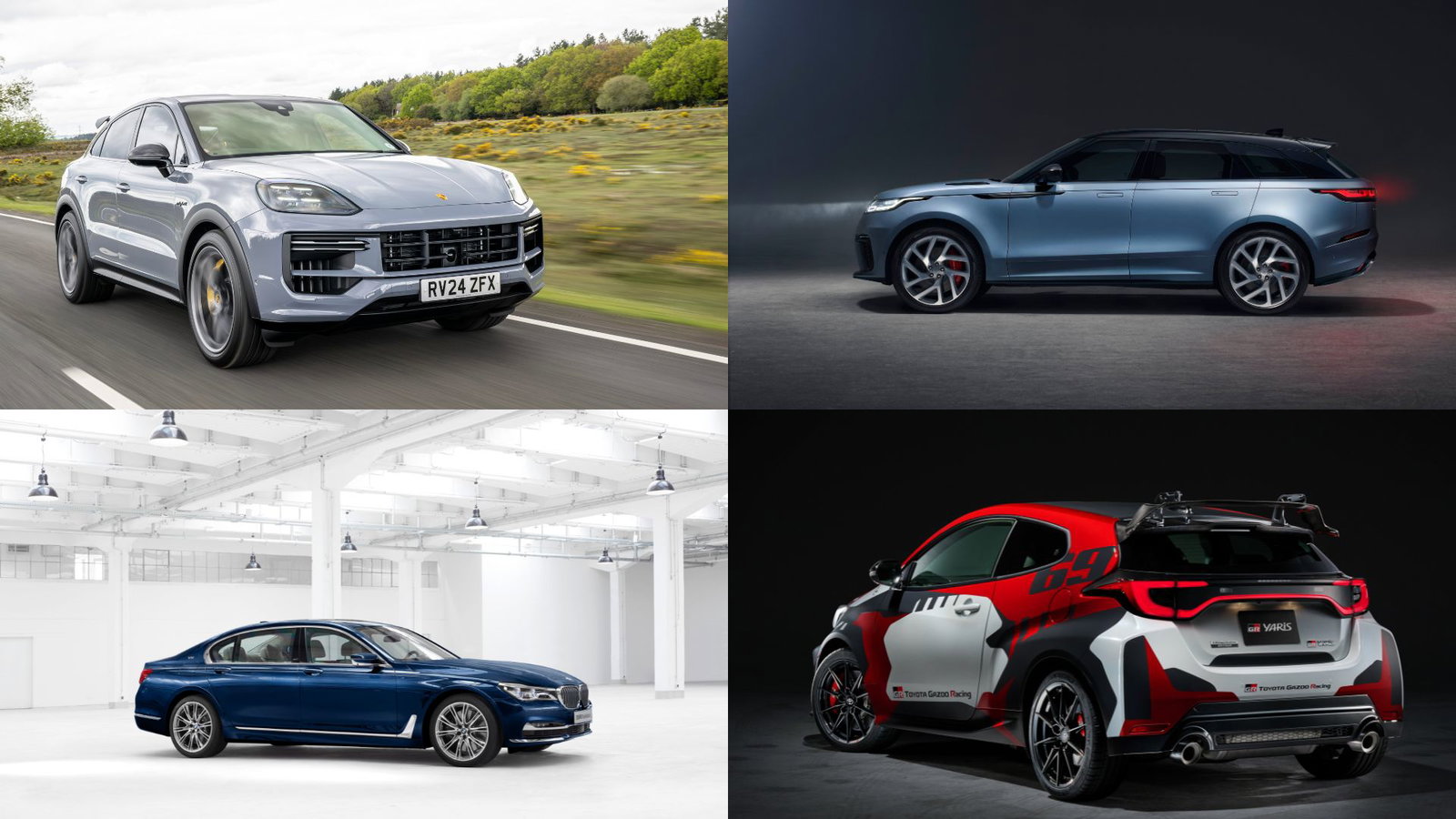 Clockwise from top left: Porsche Cayenne, Range Rover Velar, Toyota GR Yaris, BMW 7-series